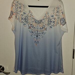 Reba Blue and White Ombre V-Neck Blouse with Floral Print